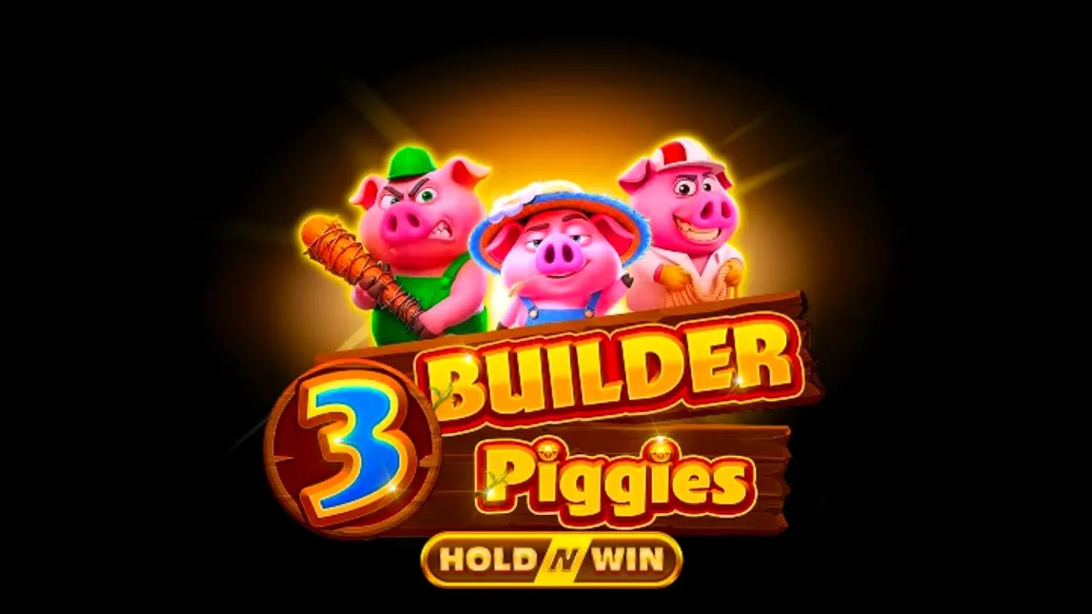Interface do jogo de slot 3 Builder Piggies com os três porquinhos e o lobo